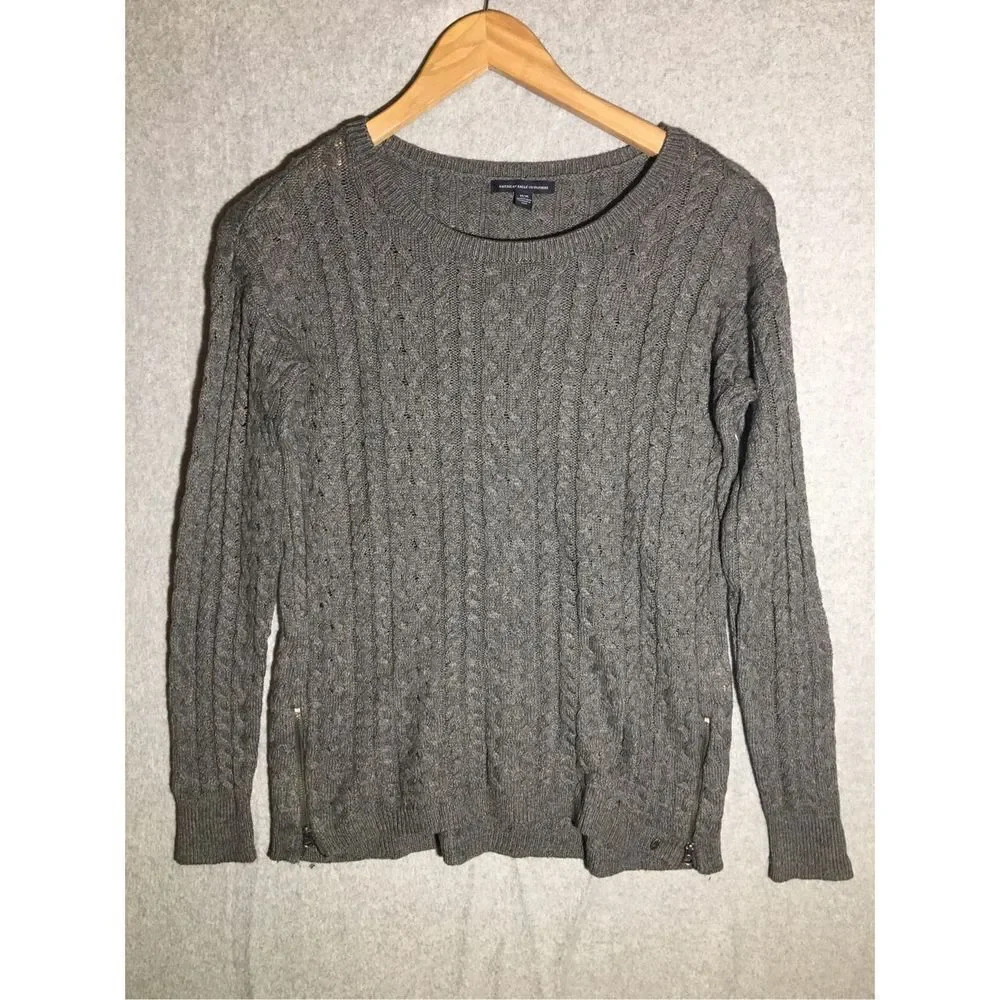Womens American Eagle Sweater Grey Cableknit Thin Zipper Hardware Wool blend